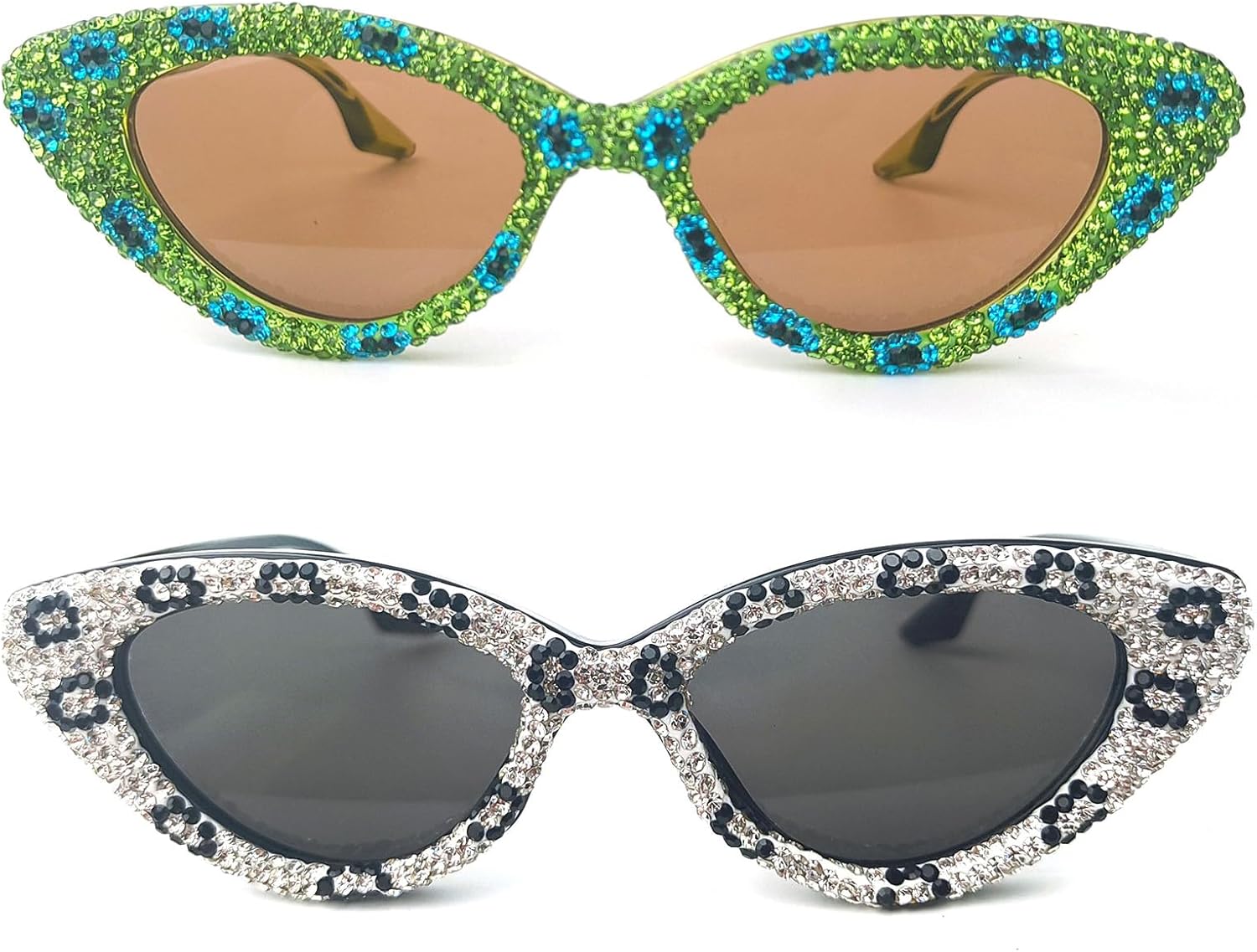 

Солнцезащитные очки Willochra с блестящими стразами, женские, «кошачий глаз», бриллиантовые, модные, квадратные, для вечеринок, с защитой от ультрафиолета UV400, 2pcs-black White&green