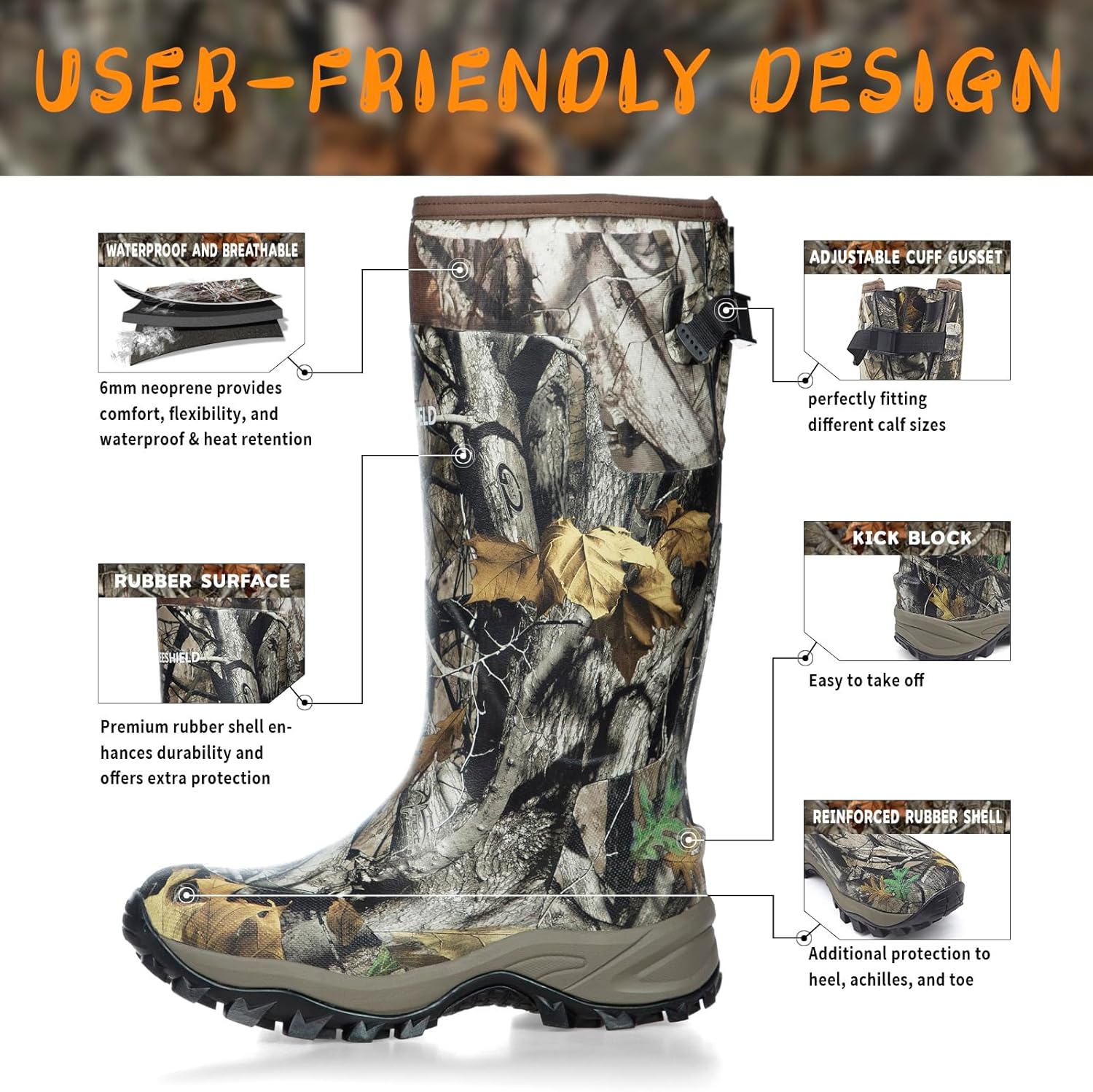 Дышащие утепленные охотничьи ботинки Next Camo G2 с универсальным дизайном - прочные 6-миллиметровые неопреновые водонепроницаемые резиновые ботинки для мужчин и женщин, размеры 7-14 Gieeshield, Next G2 Camo — фото 3