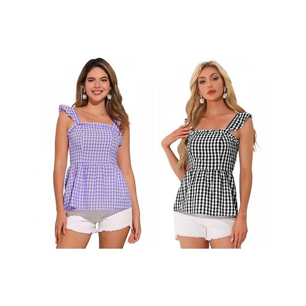 

Две упаковки топов с баской для женщин, летняя блузка с квадратным вырезом и без рукавов в клетку Inspire Chic, Black Light Purple