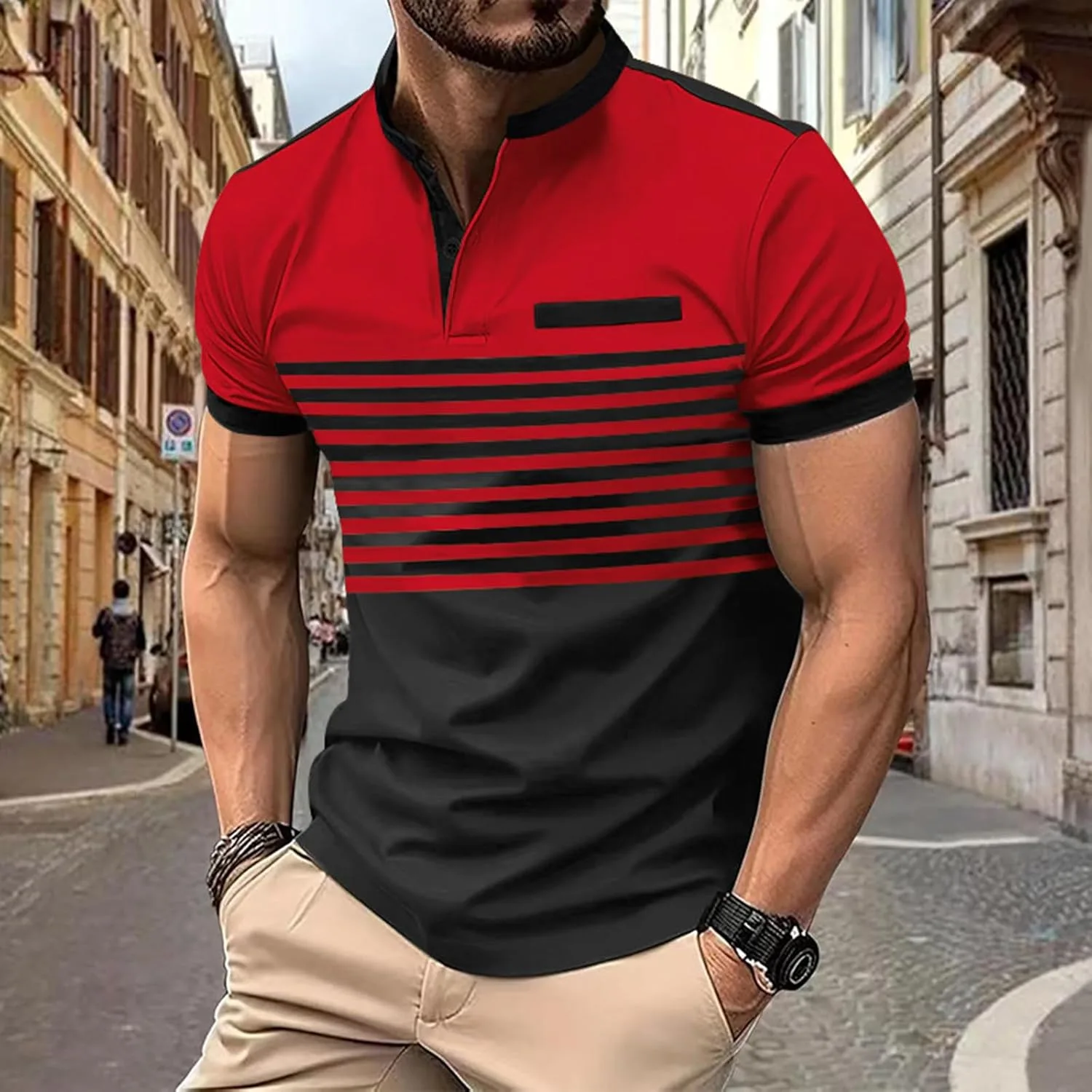 Мужская летняя рубашка с коротким рукавом, Slim Fit, в полоску, с карманом — фото 2