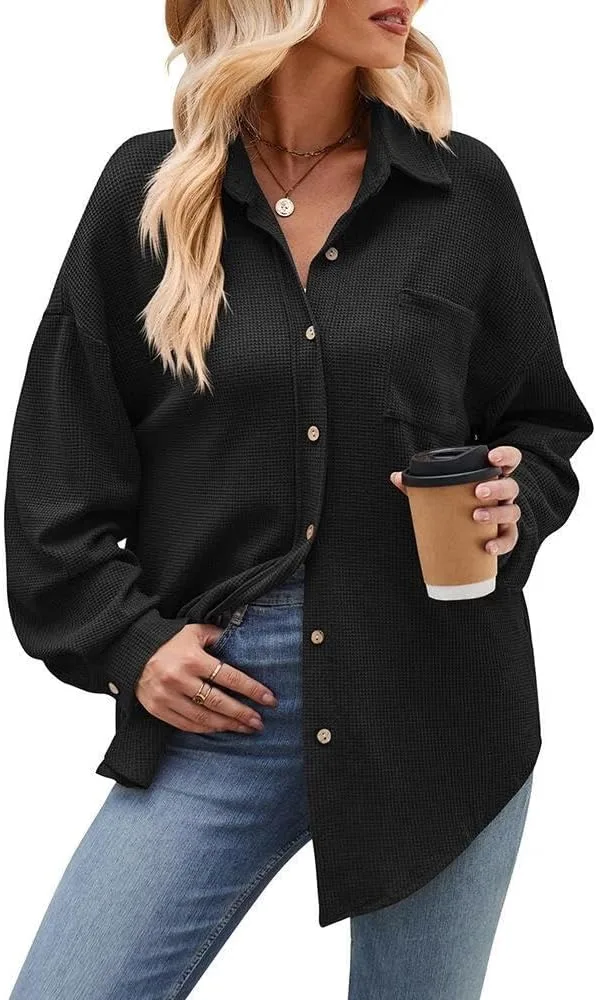 

FMCHICO Женская рубашка на пуговицах в стиле вафли, свободного кроя, с длинным рукавом и карманом