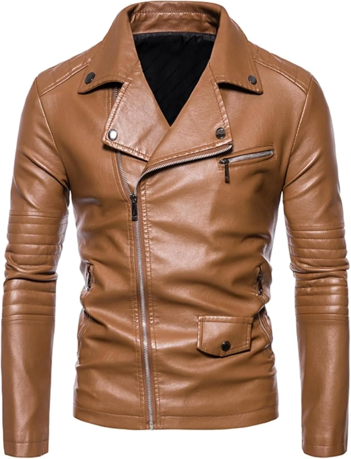 Мужская кожаная куртка в стиле байкера Slim Fit с передней молнией Generic, хаки — фото 2