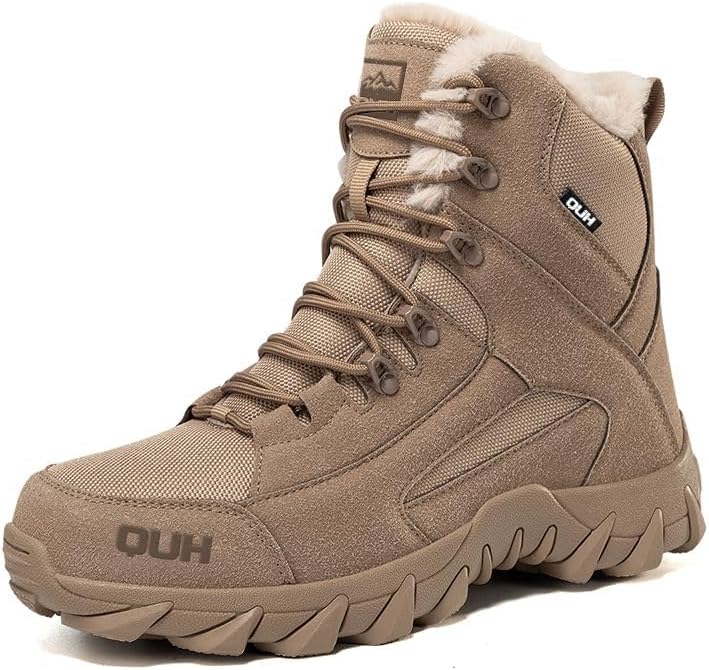 

Зимние ботинки QUH с меховой подкладкой, водонепроницаемые, для военной подготовки, противоскользящие, теплые, утолщенные хлопковые ботинки до щиколотки для мужчин, коричневый