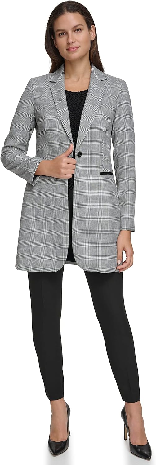 Женский длинный клетчатый приталенный блейзер Tommy Hilfiger на одной пуговице, Black/Ivory Multi — фото 2
