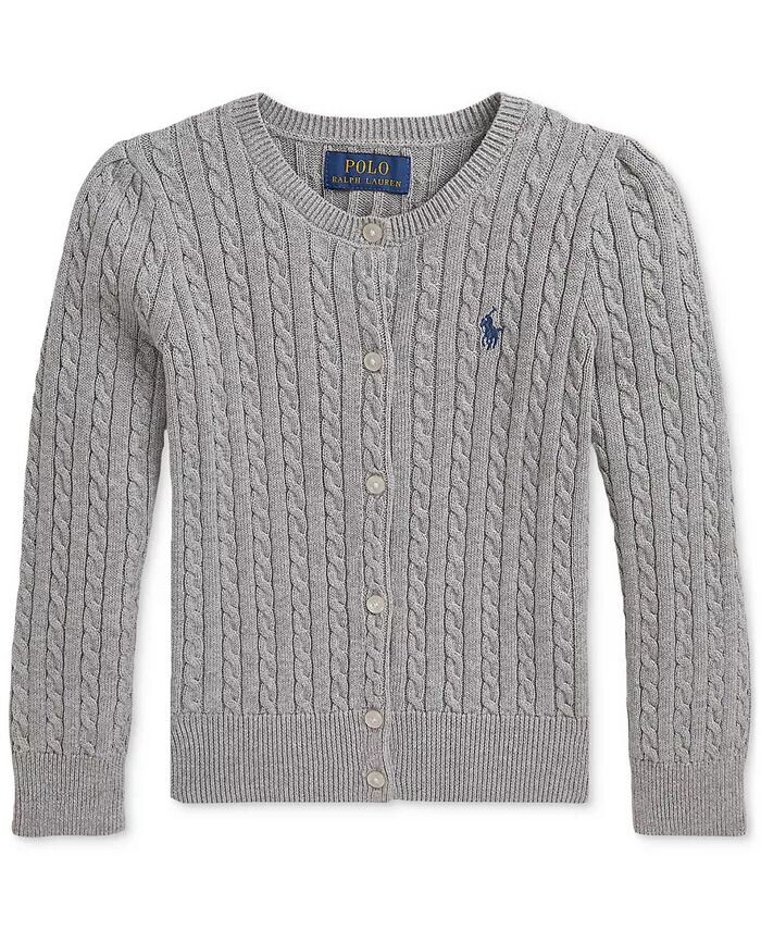 

Хлопковый кардиган косой вязки для малышей и маленьких девочек Polo Ralph Lauren, серый