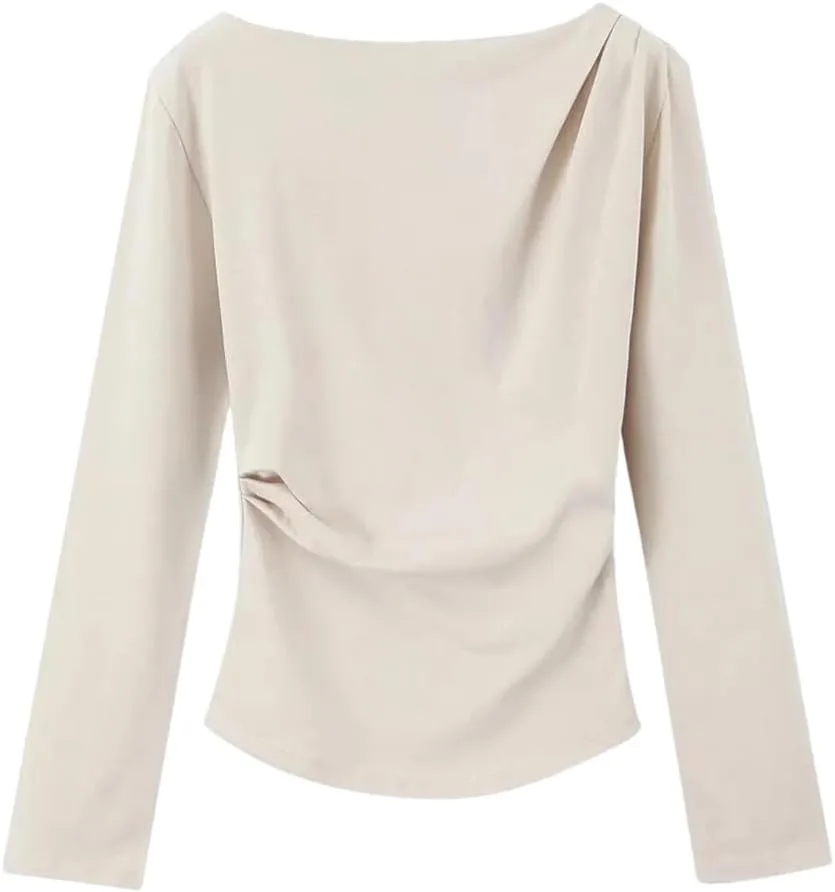 

Женская футболка с цветными боковыми складками, круглый вырез, длинный рукав