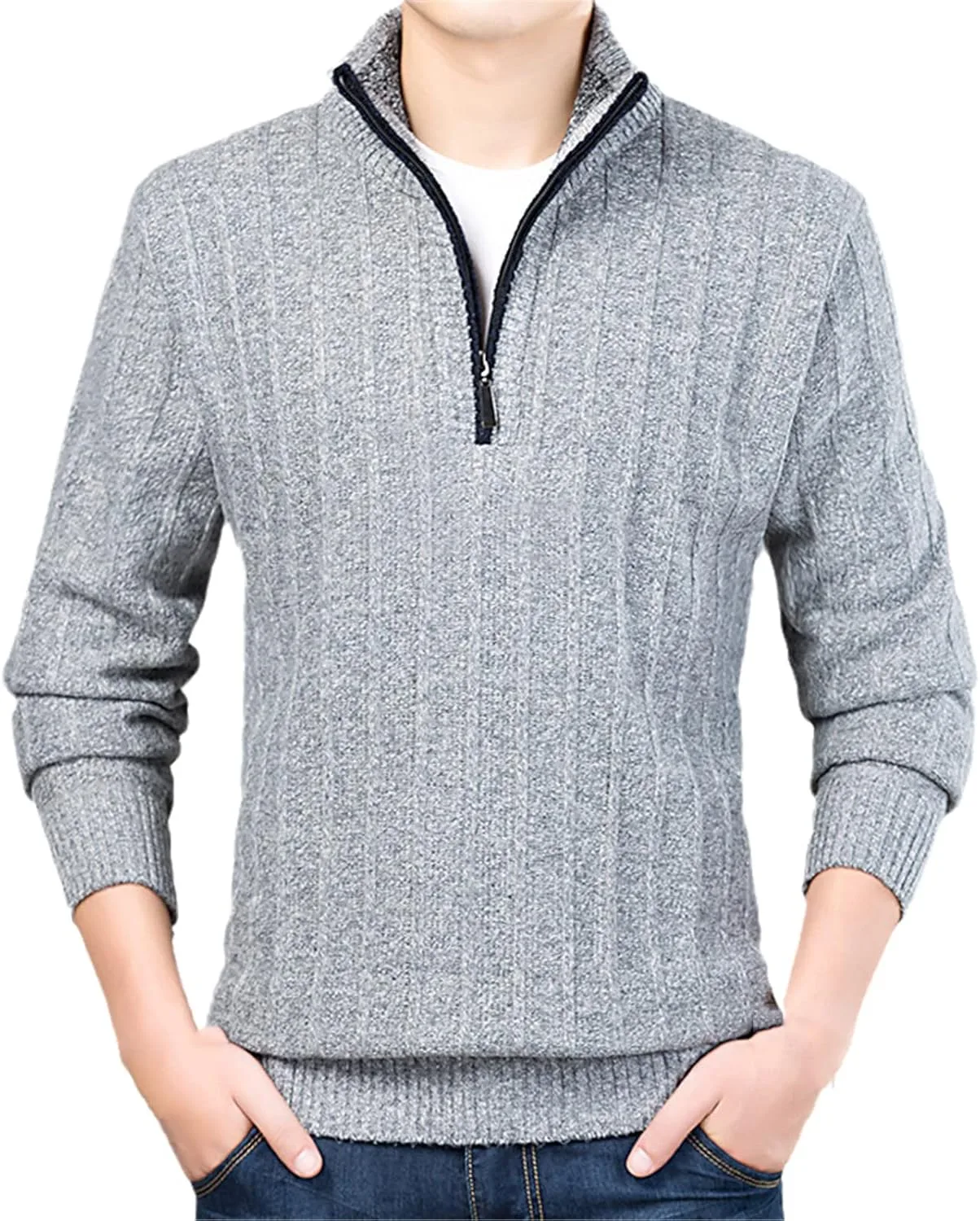 

Мужской теплый свитер с воротником стойкой и полумолнией Alloaone