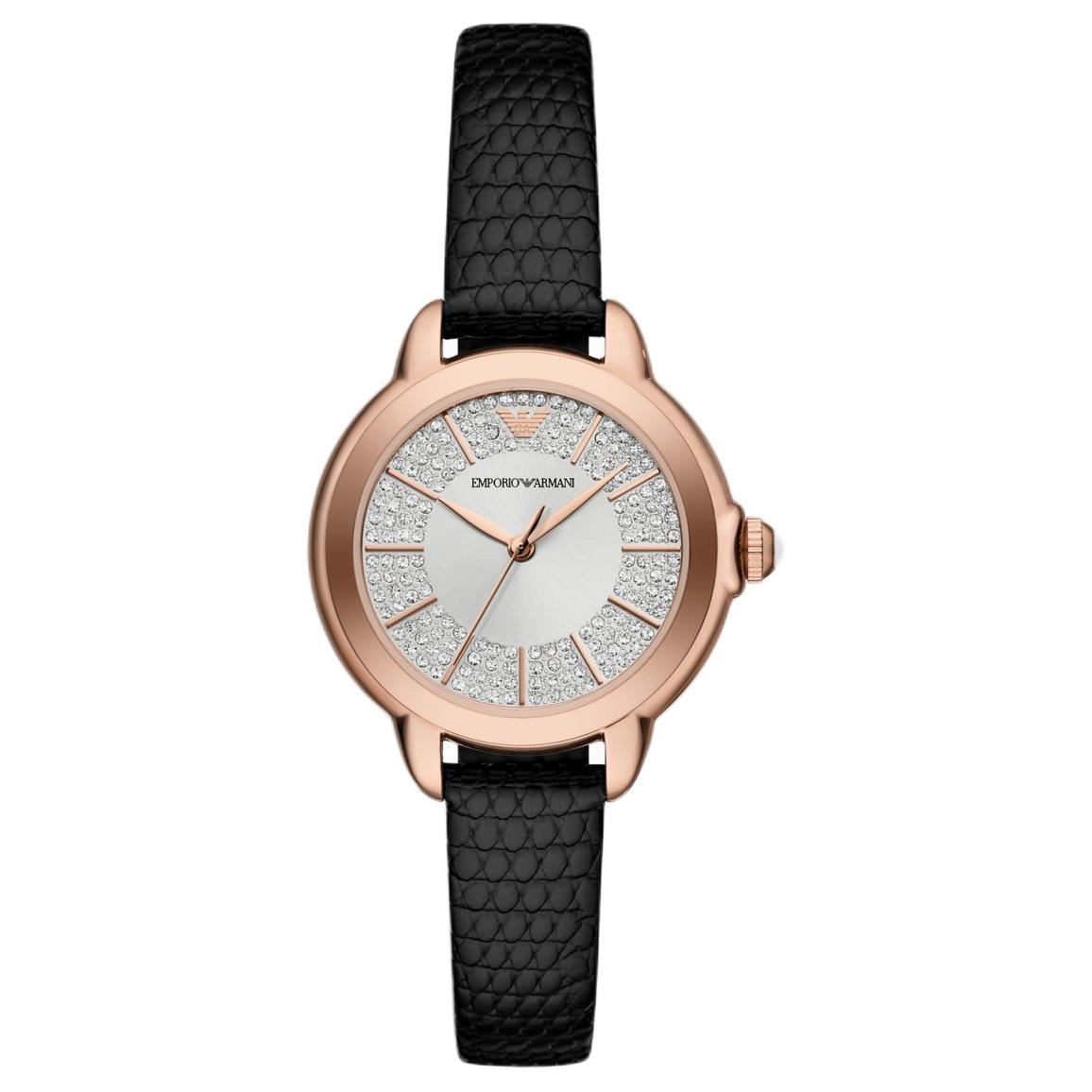 

EMPORIO ARMANI Часы Three-Hand Black Leather Watch, Silver Dial