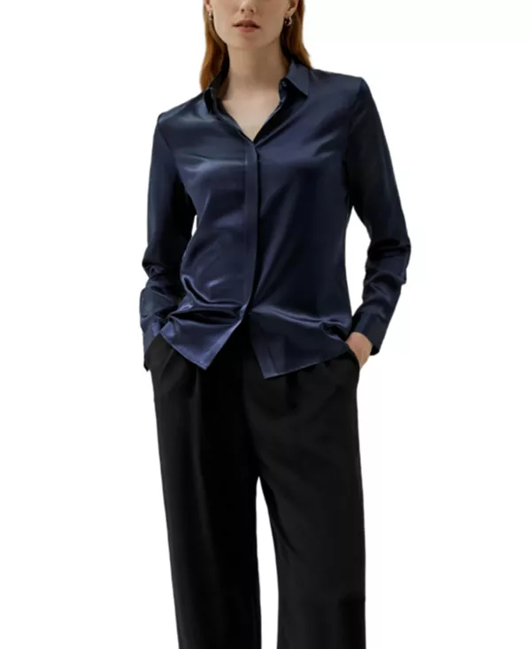 

Женская базовая шелковая рубашка со скрытой планкой Lilysilk, синий