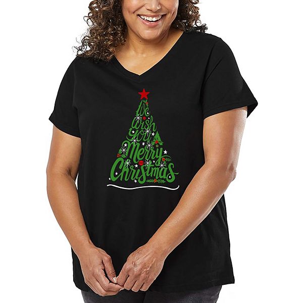 

Футболка с принтом We wish you a merry christmas - V-образный вырез, plus size La Pop Art, Black