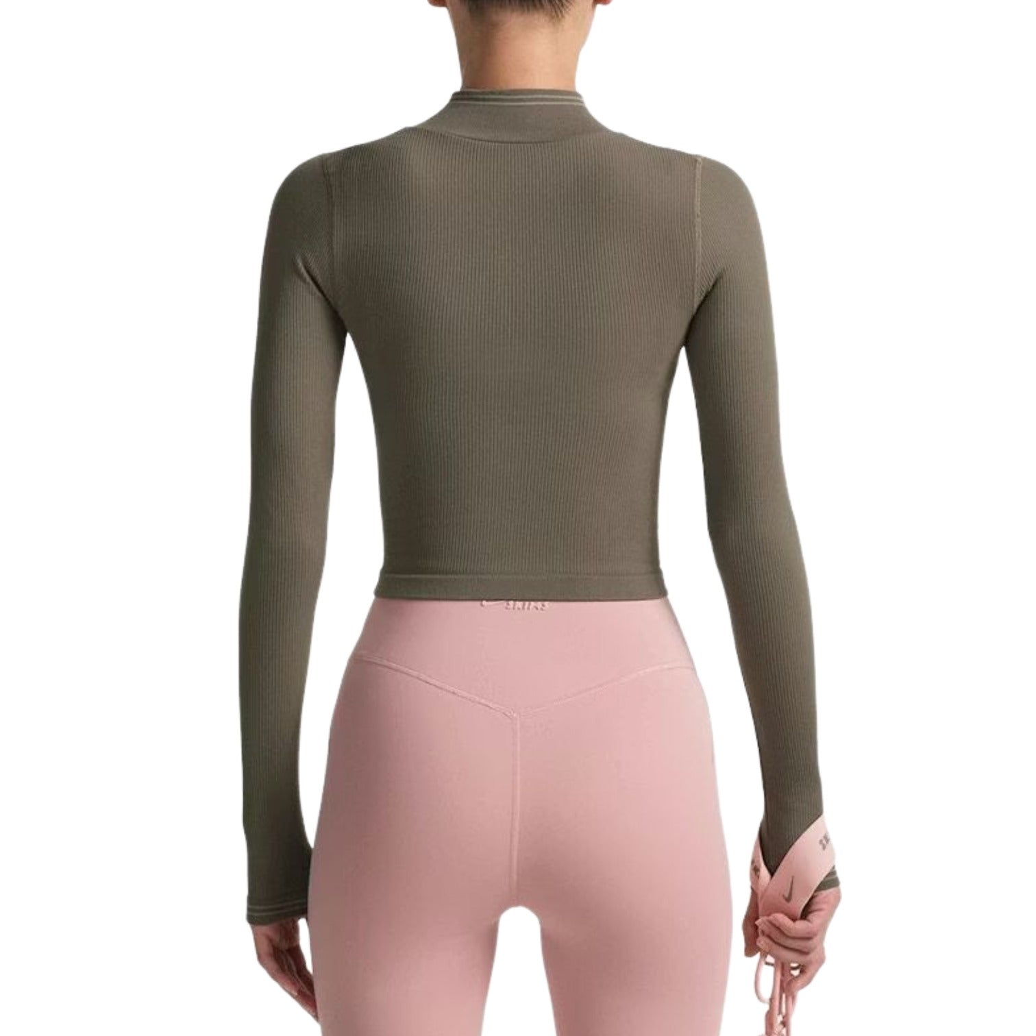 (WMNS) Nike x SKIMS Укороченная куртка на молнии с ребристой бесшовной отделкой, цвет «Пыльный дубовый мох» — фото 3