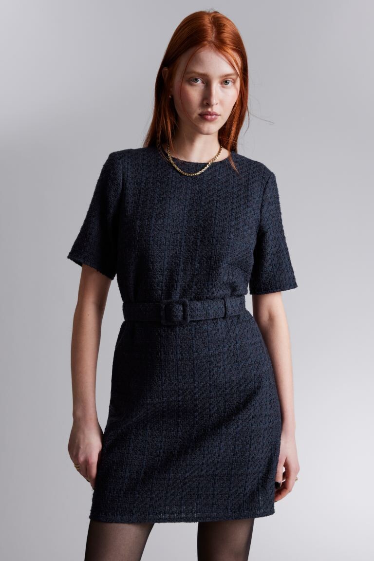

Твидовое мини-платье с поясом H&M, синий