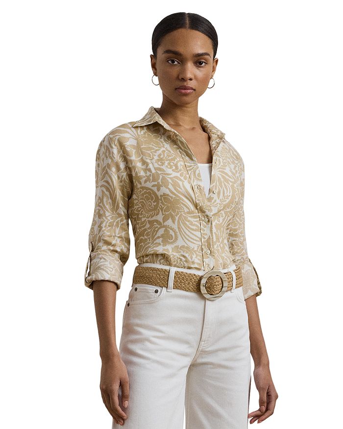 

Рубашка из льна свободного кроя с цветочным принтом Ralph Lauren, слоновая кость/кремовый