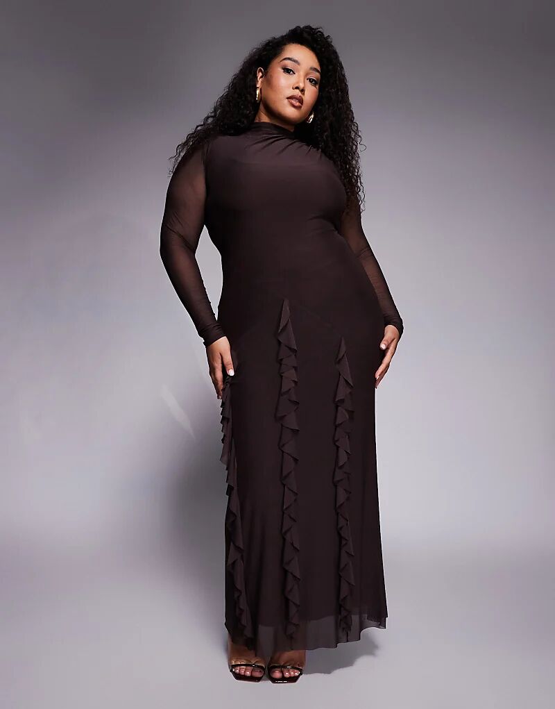

Платье макси ASOS DESIGN Curve из сетки с длинными рукавами и юбкой-водопадом с оборками шоколадного цвета