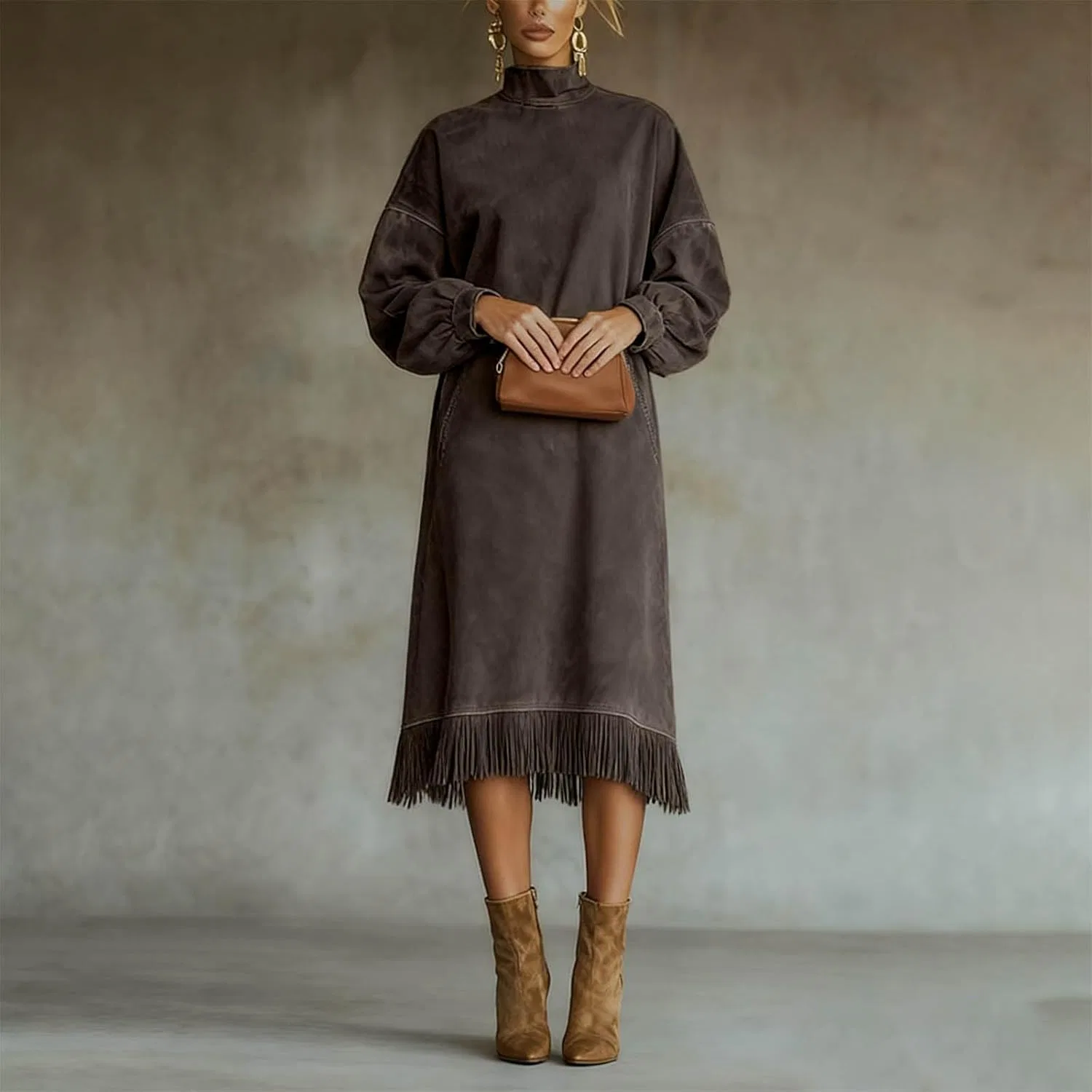 Женское платье из искусственной замши с бахромой, винтажное, с высоким воротником, длинными рукавами, миди, повседневное ретро, ​​платье с объемным подолом и кисточками — фото 4