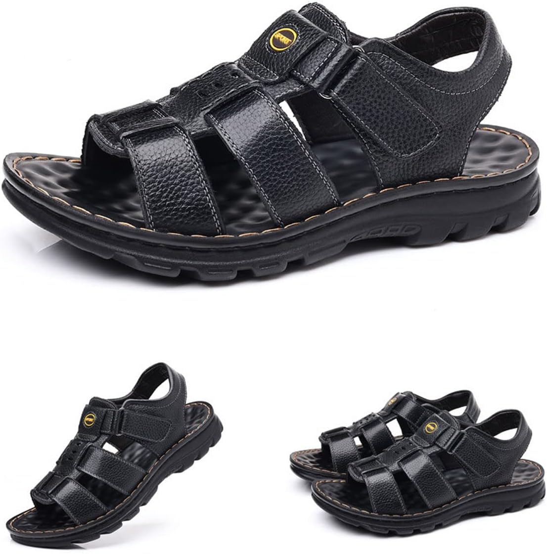 

Мужские летние повседневные кожаные сандалии Hopomart с открытым носком для улицы, регулируемые пляжные туфли, противоскользящие, износостойкие, повседневная обувь, черный