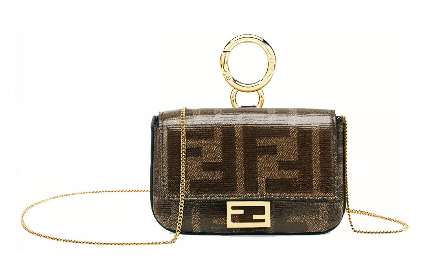 

FENDI Сумка-багет из холста с кожаным кошельком для монет, сумка-багет, сумка через плечо, мини-сумка, женская, коричневого цвета