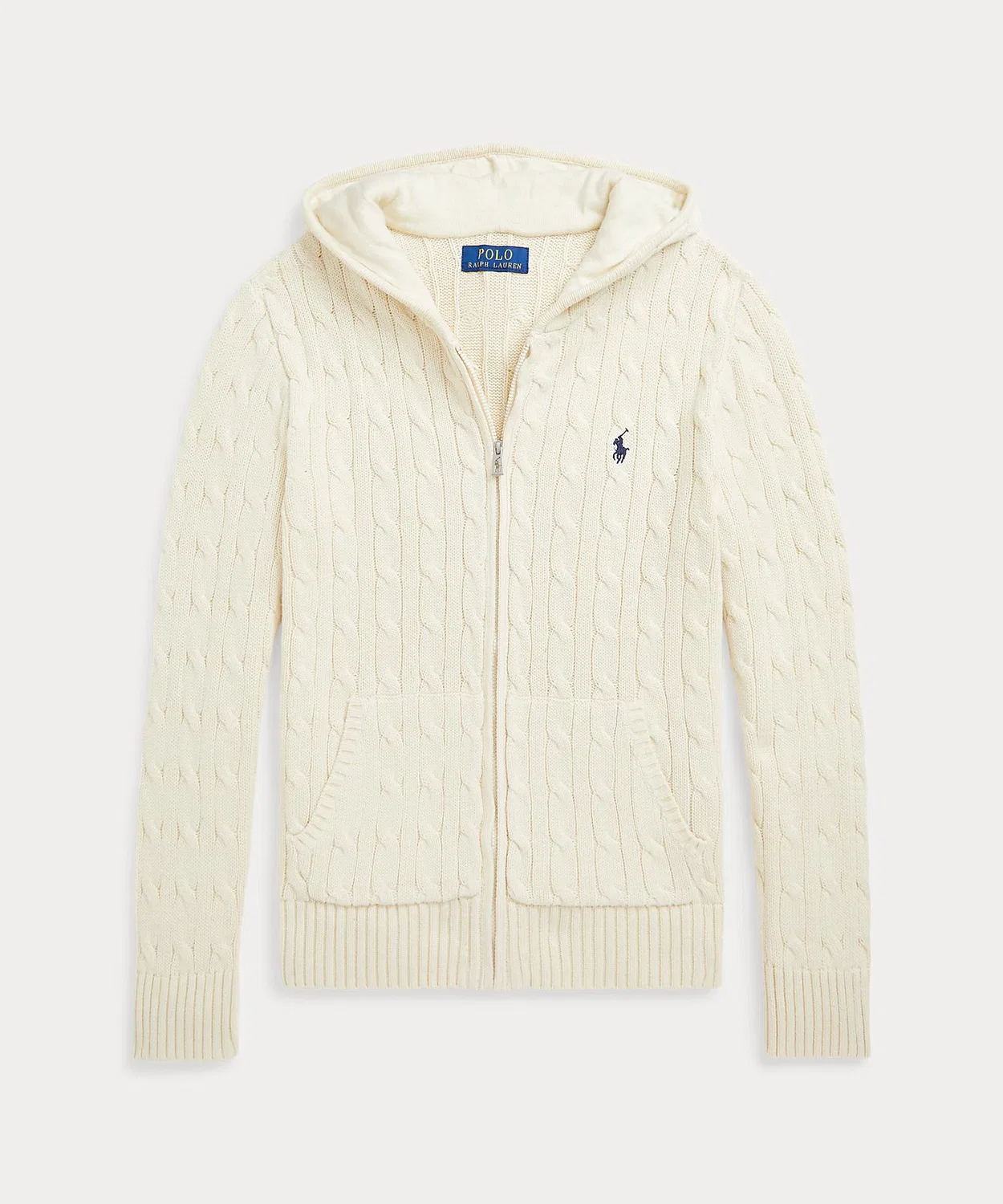 Свитер с капюшоном на молнии из хлопка, с косами, Ralph Lauren, натуральный