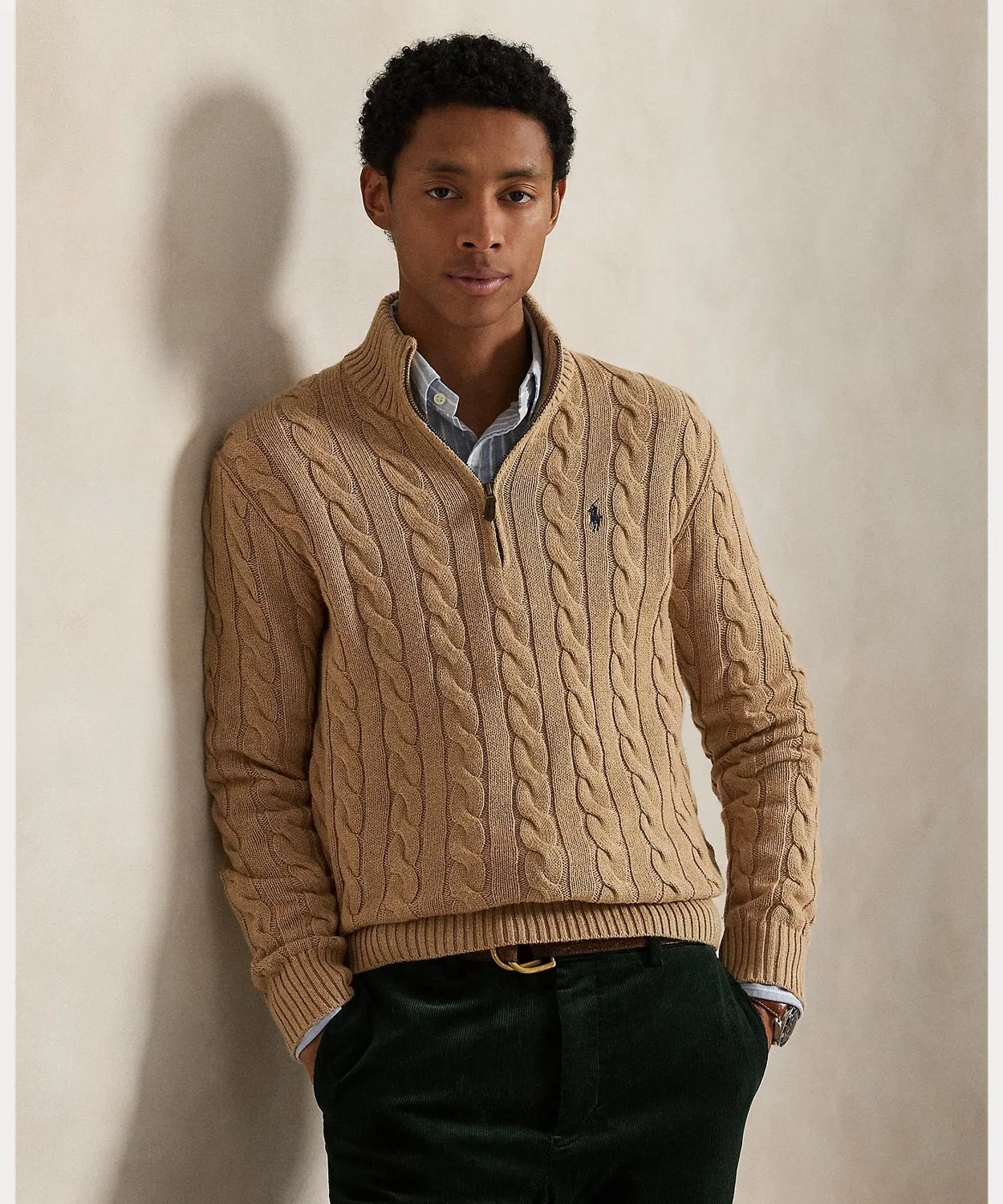 Свитер с косами и четвертной молнией Polo Ralph Lauren, хлопок, коричневый