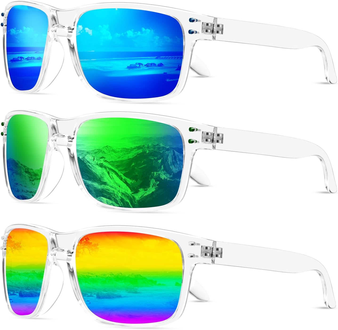 

Поляризованные солнцезащитные очки KALIYADI для мужчин и женщин в винтажном стиле, подходят для рыбалки, бега, вождения и защиты от УФ-излучения, (3 Pack) Clear Frame| Dark Blue/Green/Rainbow