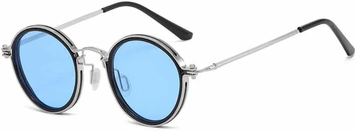 

Круглые солнцезащитные очки в металлической оправе для мужчин и женщин, в стиле ретро, ​​стимпанк, для путешествий и вождения, защита от УФ-излучения UV400 TKKTLLT, Silver Blue