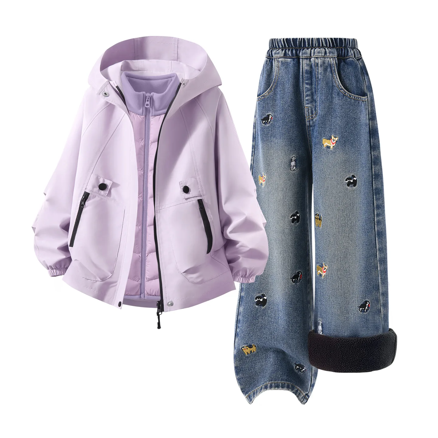 Детский спортивный костюм с круглым вырезом Disney, [Thickened Thermal Three-Piece Set]Solid Color Purple+Solid Color Denim Blue+Di H Square Hook-and-Loop K Purple