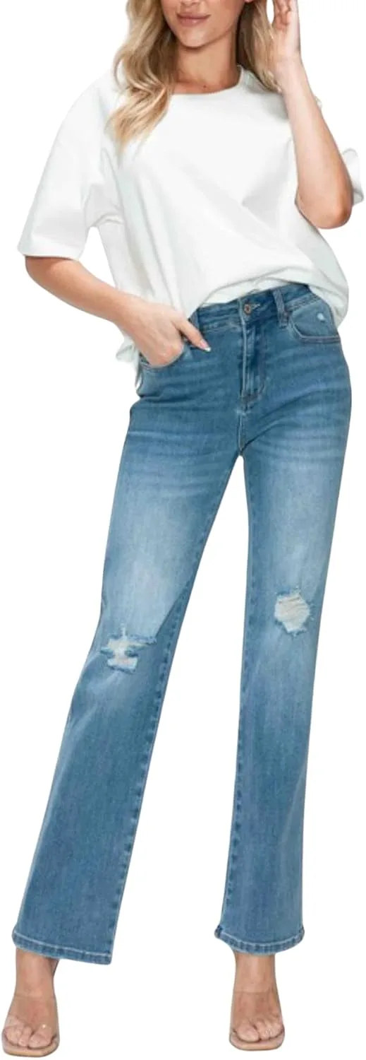 

Женские джинсы Casual Straight, высокие, потертые, средняя стирка, Slim Fit Yanhoo