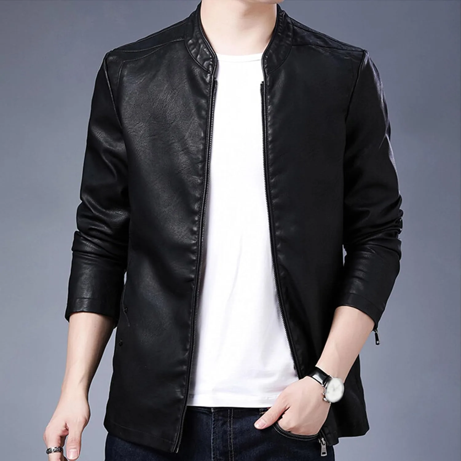 Мужская куртка-бомбер из искусственной кожи Slim Fit, легкая, в стиле мотоциклиста, на молнии, для осени и зимы Generic, черный — фото 3