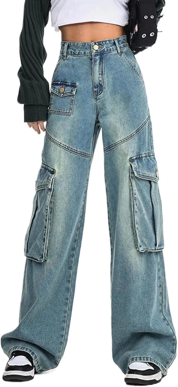 

Женские карго джинсы в стиле Y2K: высокие, широкие, с карманами Djeanxa