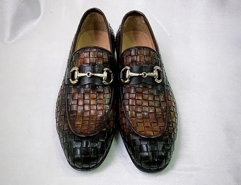 Лоферы Tucci Di Lusso Burnished Brown Chequeboard Woven Italian Leather Handmade Luxury, коричневый — фото 3