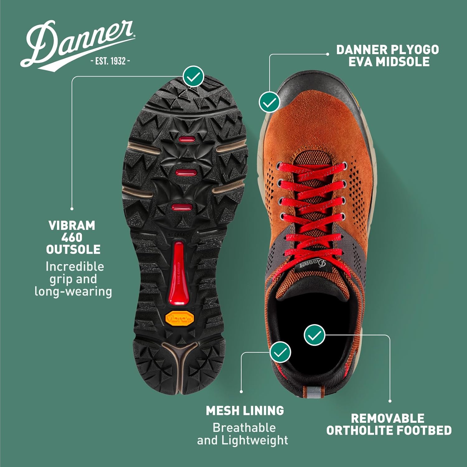 Мужские туристические ботинки Danner Trail 2650 - прочная замша, легкий текстиль с дышащей сетчатой подкладкой, стелька Ortholite и подошва Vibram для сцепления Name ‎Danner, коричневый/красный — фото 4