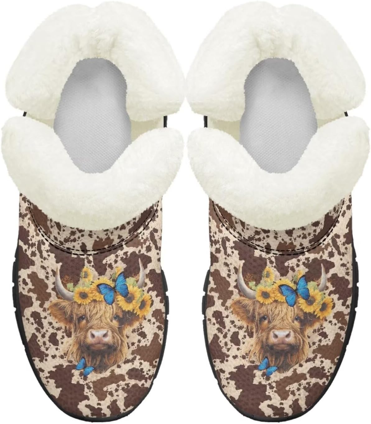 

Детские ботинки для девочек на зиму с меховой подкладкой, противоскользящие зимние ботинки для прогулок и бега, слипоны Pointodoor, Highland Cow Butterfly Print