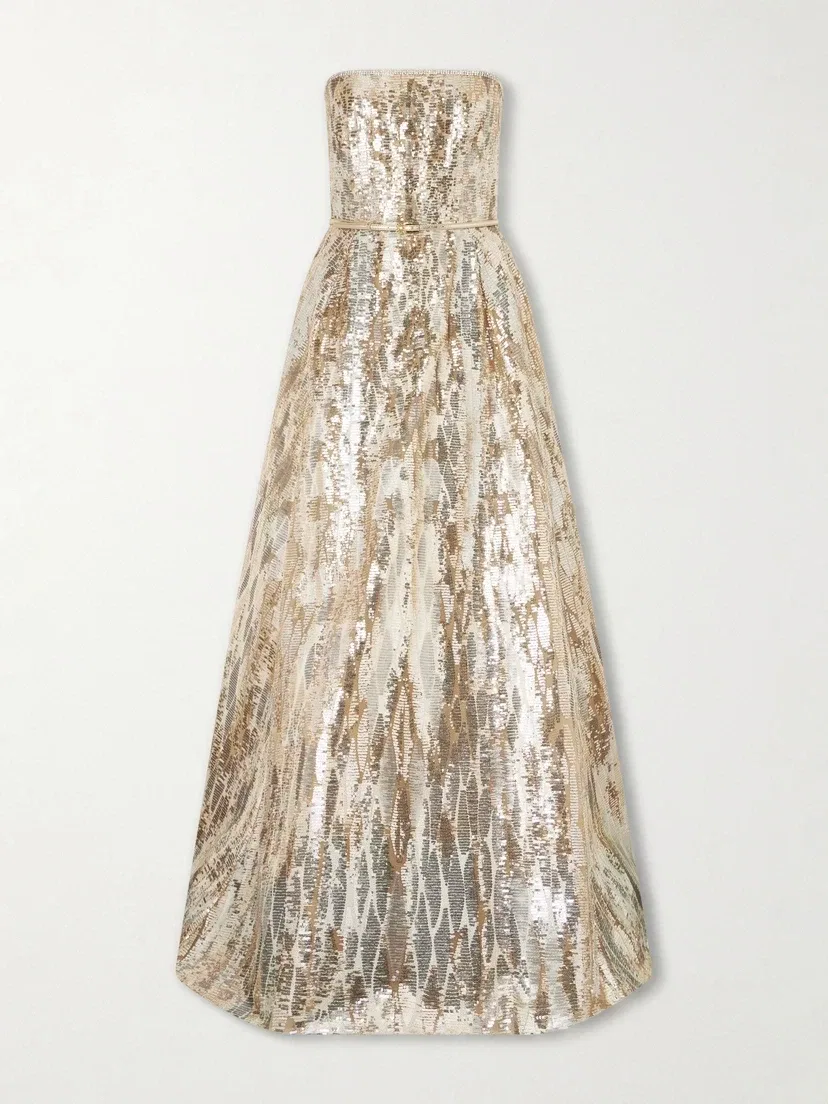 Вечернее платье из тюля без бретелек, украшенное пайетками, с поясом Elie Saab, золотой