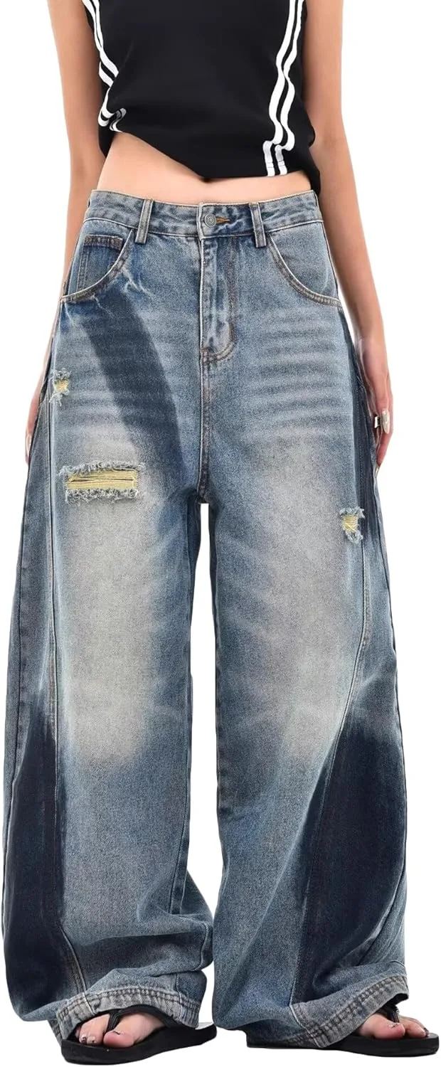 

CORIRESHA Y2K винтажные мешковатые джинсы для женщин потертые низкая посадка широкие штанины