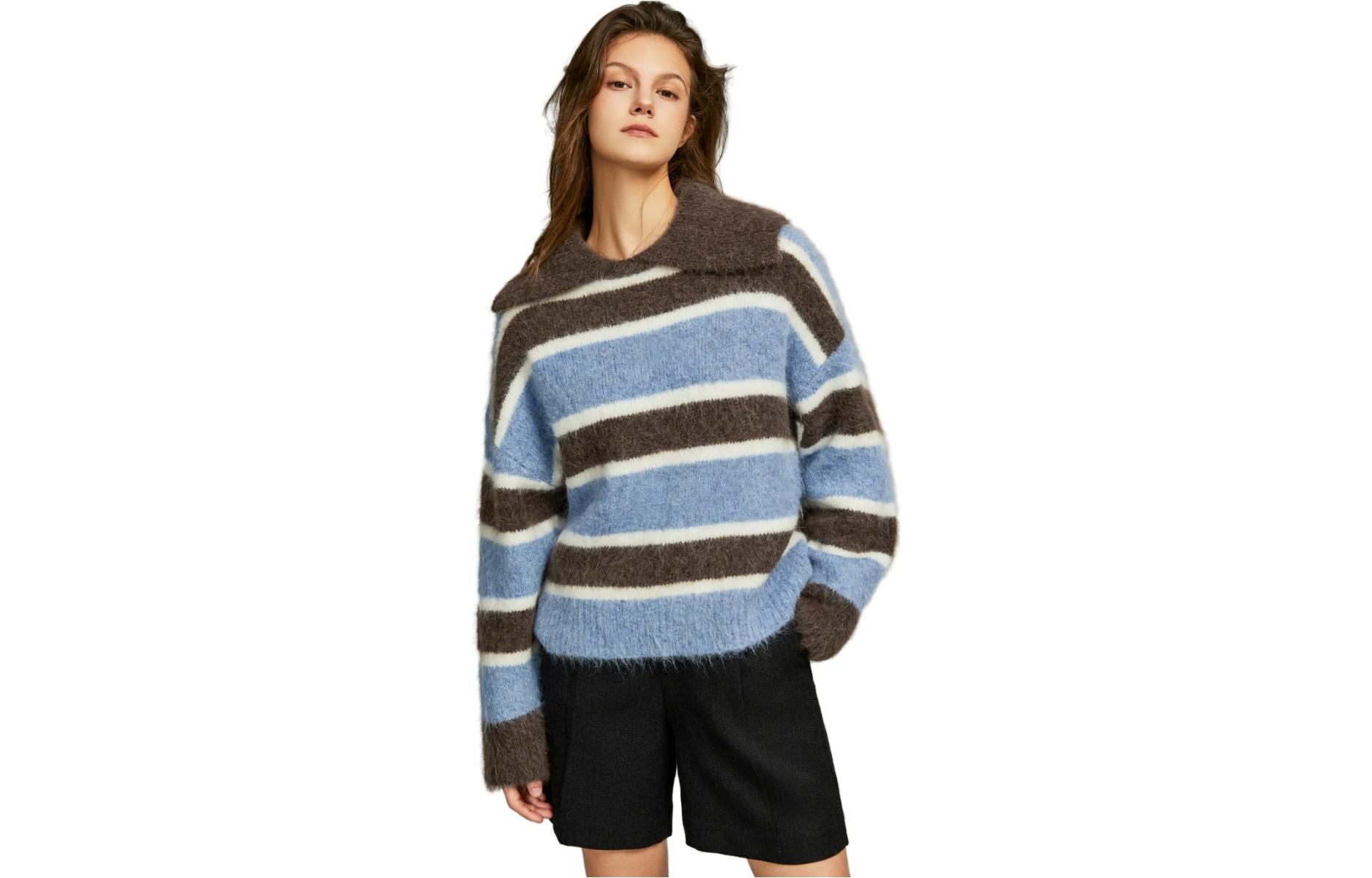 

ELLE Свитер женский Blue Coffee Stripes Lapel Moderate Others