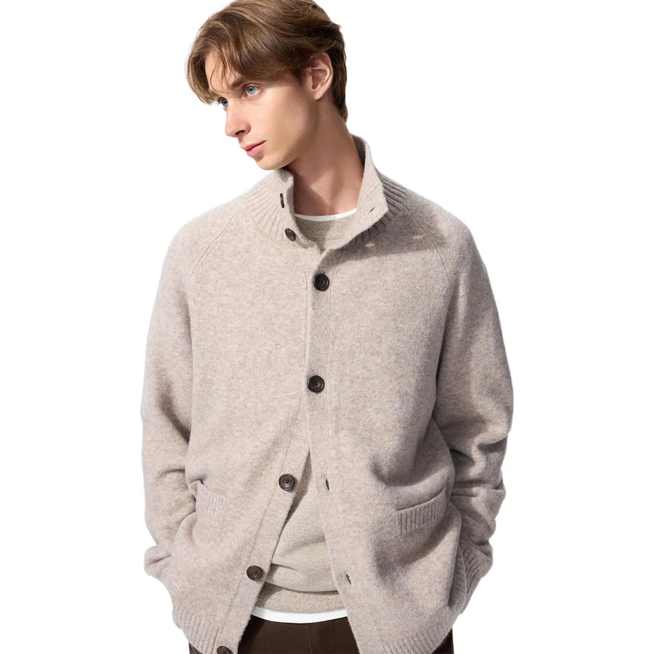 Кардиган унисекс с круглым вырезом UNIQLO, темно-бежевый — фото 4