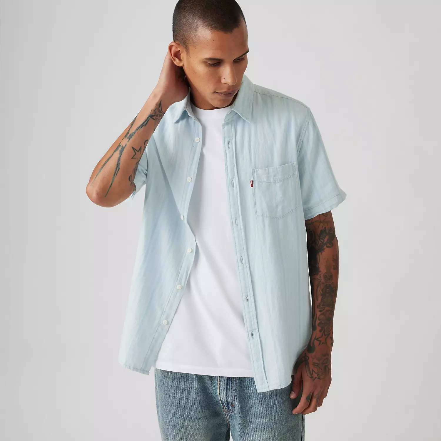 

Рубашка с коротким рукавом Sunset из хлопка и льна с одним карманом Levi's, цвет Eddie Stripe Niagara Mist - Blue