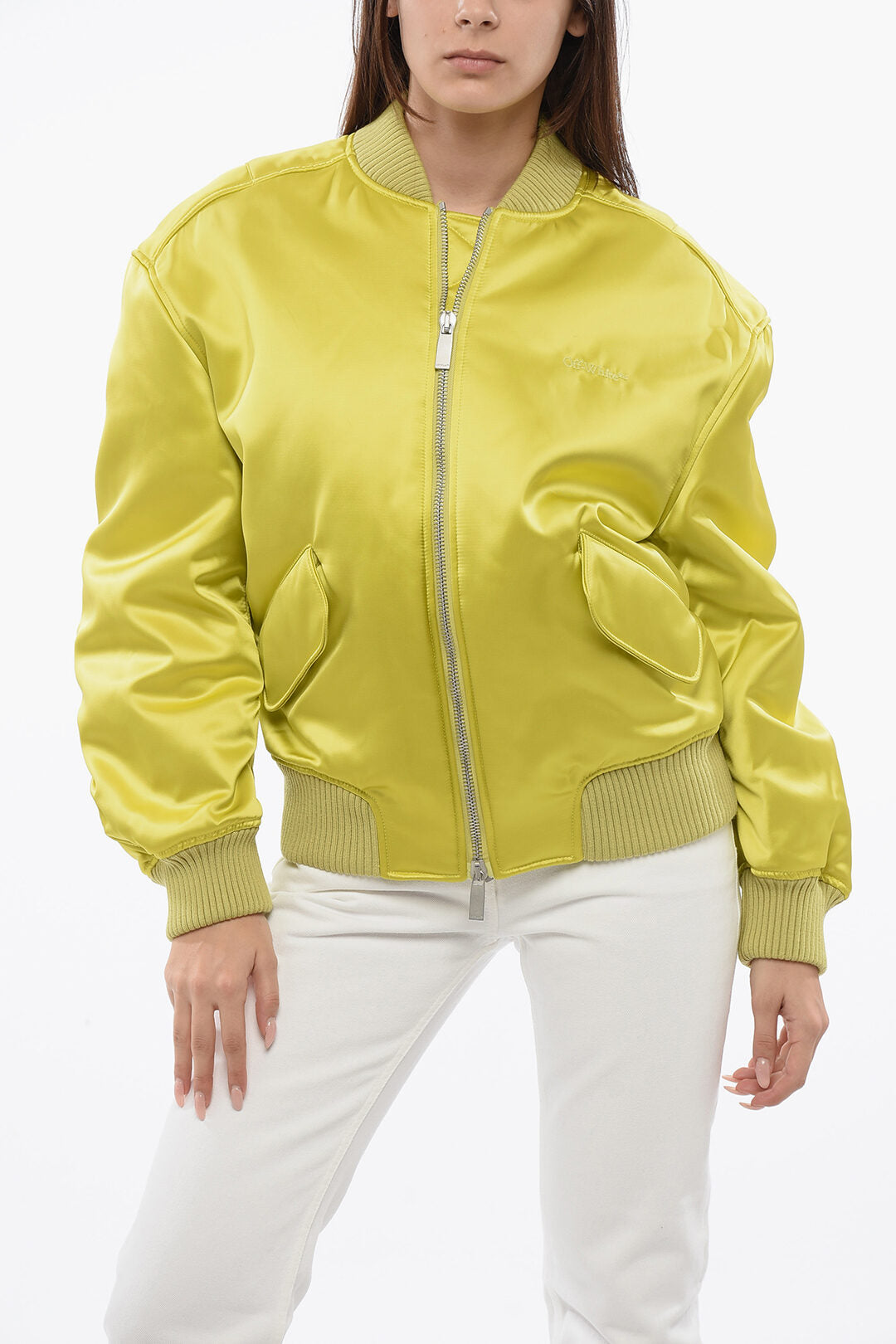 

Утепленная куртка-бомбер из ткани Duchesse с белой отделкой и застежкой-молнией спереди Off-White