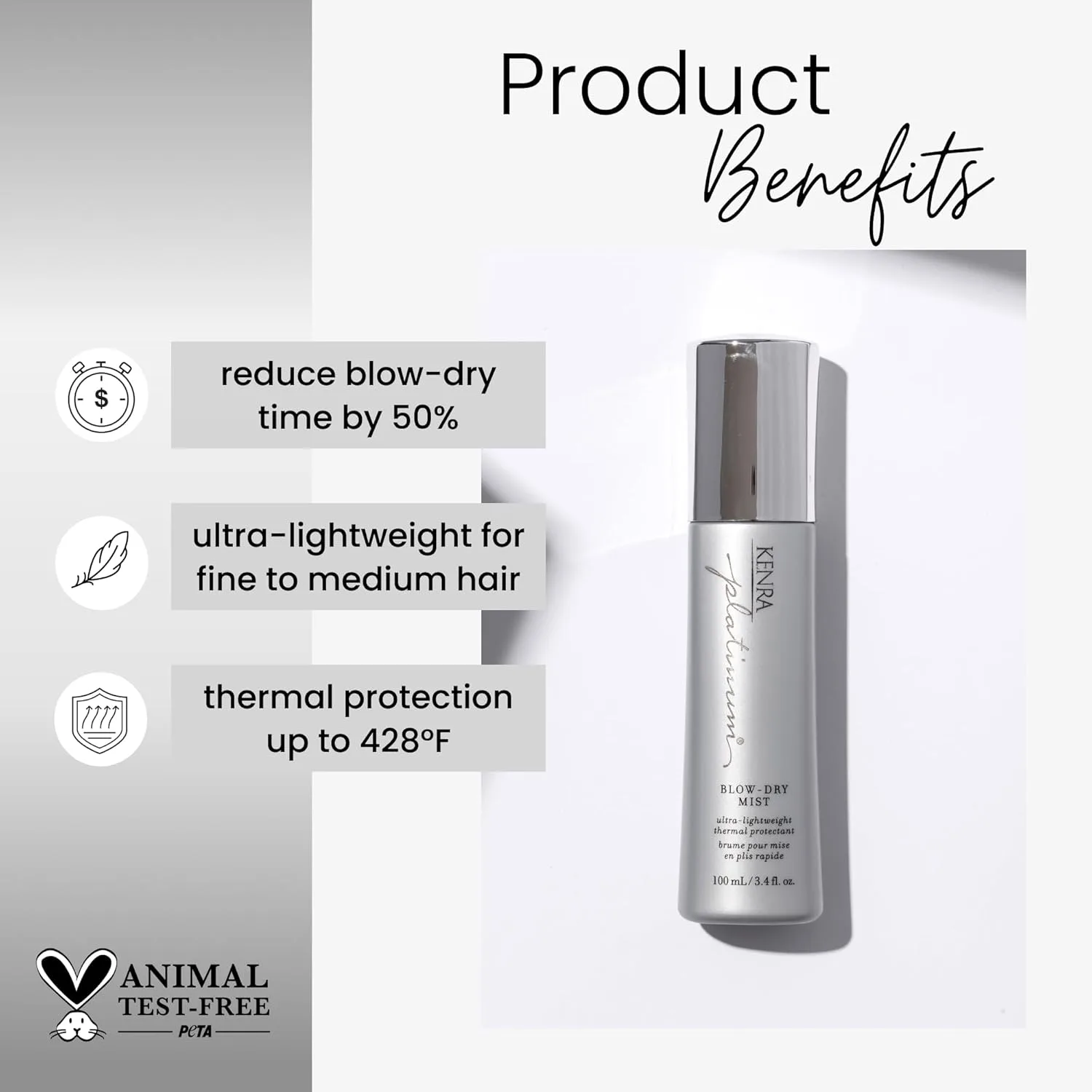 Kenra Platinum Blow-Dry Mist - ультралегкий термозащитный спрей для сушки феном, разглаживает и смягчает, устраняет пушистость и защищает от влажности, для тонких и нормальных волос 100 мл (2 шт.) — фото 2