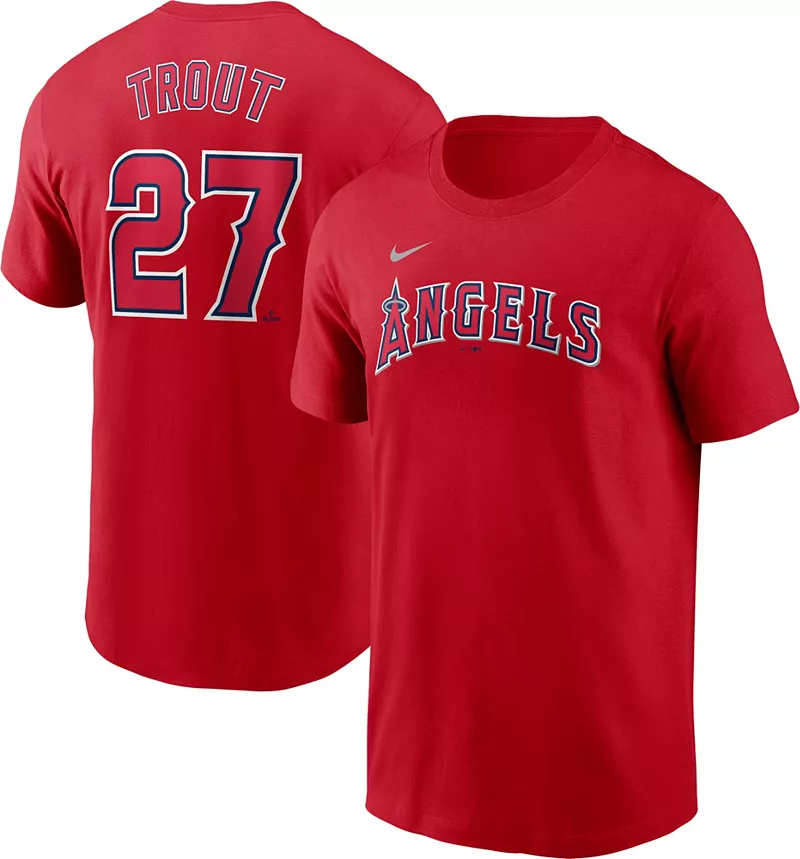 Мужская красная футболка Nike Los Angeles Angels Mike Trout #27 — фото 3