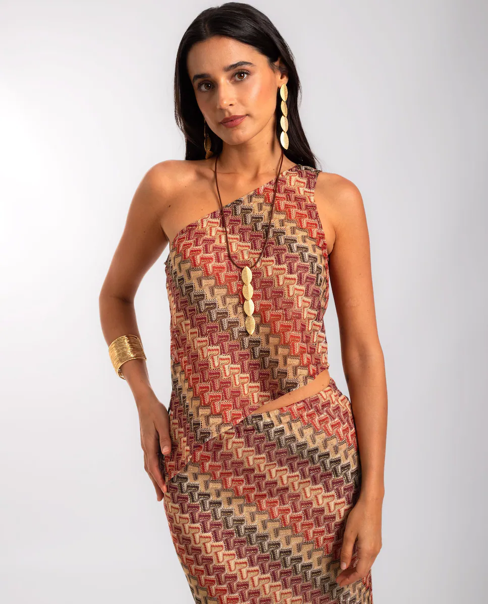 

Женский топ асимметричный с ажурной вязкой The-Are, красный