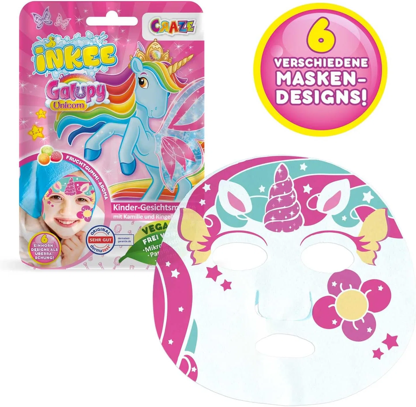 Детские тканевые маски для лица «Galupy Unicorn» с ароматом фруктовой жвачки, 3 шт. от INKEE Inkee — фото 2