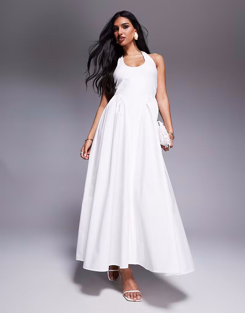 

Платье макси с глубоким вырезом и заниженной талией, белое Aria Cove