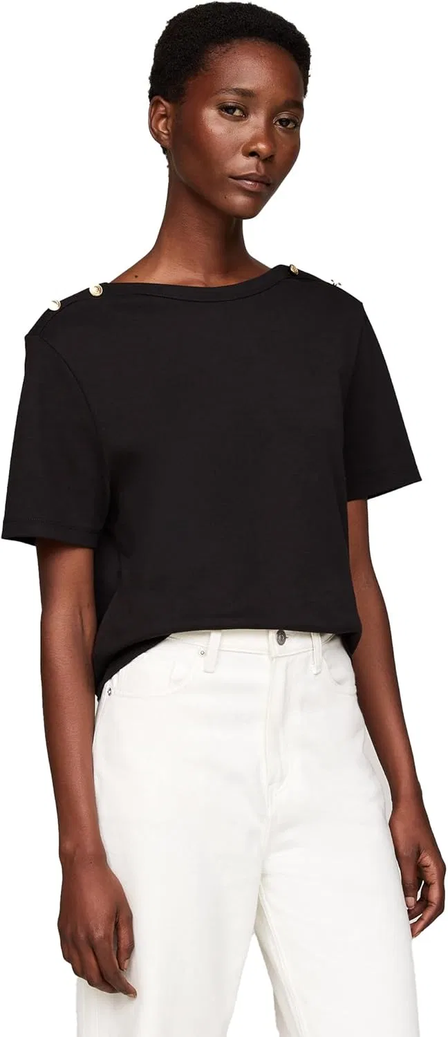 Футболка с коротким рукавом, золотые пуговицы, WW42907, Tommy Hilfiger, черный