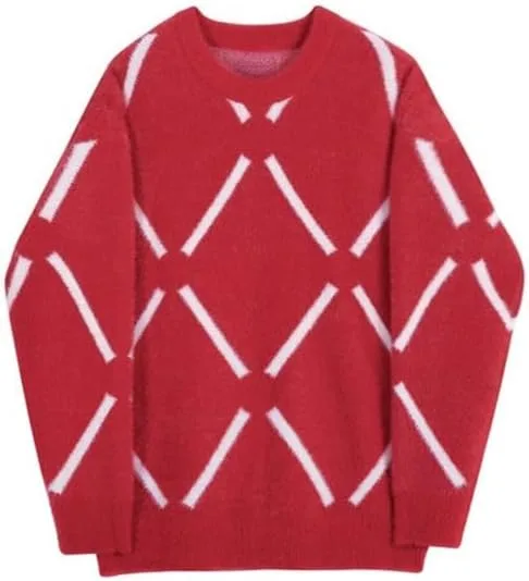 

Мужской свитер-пуловер с ромбовидным узором, винтажный, оверсайз Uohuangjia