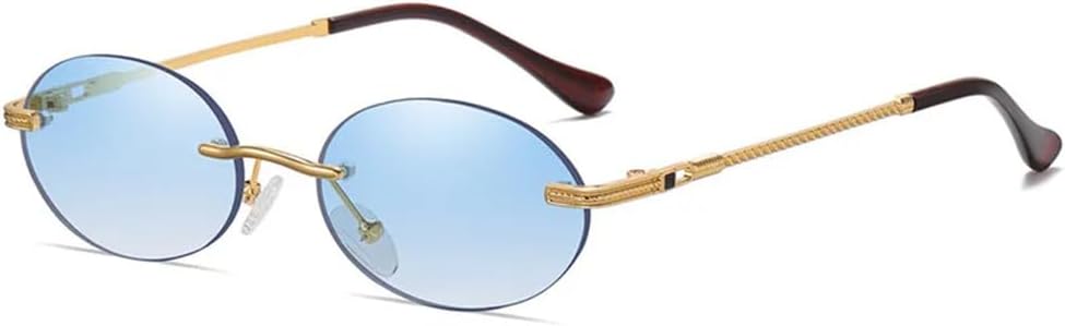 

Ретро овальные солнцезащитные очки без оправы для мужчин, синие зеркальные, золотистые металлические, мужские круглые очки без оправы для женщин, защита от ультрафиолета UV400 UYPTK, Gold Blue