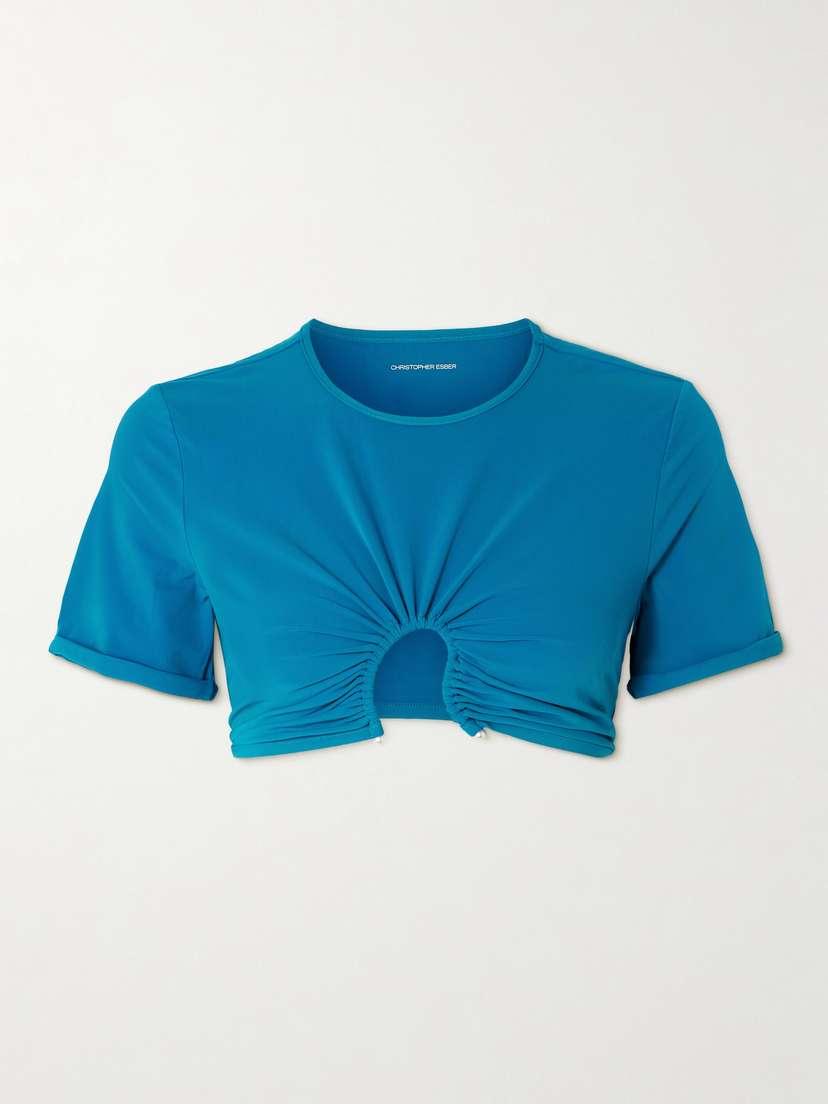 

Верх бикини с вырезом и сборками, украшенный полумесяцем Christopher Esber, синий