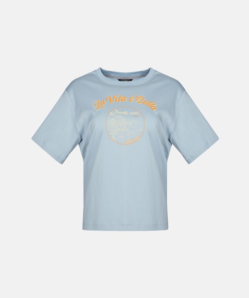 

Футболка с коротким рукавом, ретро, из 100% хлопка, с принтом La Vita E Bella METROCITY, светло-голубая