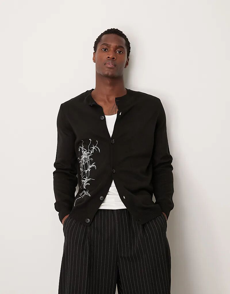 

Вязаный кардиган с круглым вырезом и вышитым узором в виде ромашек черного цвета ASOS DESIGN