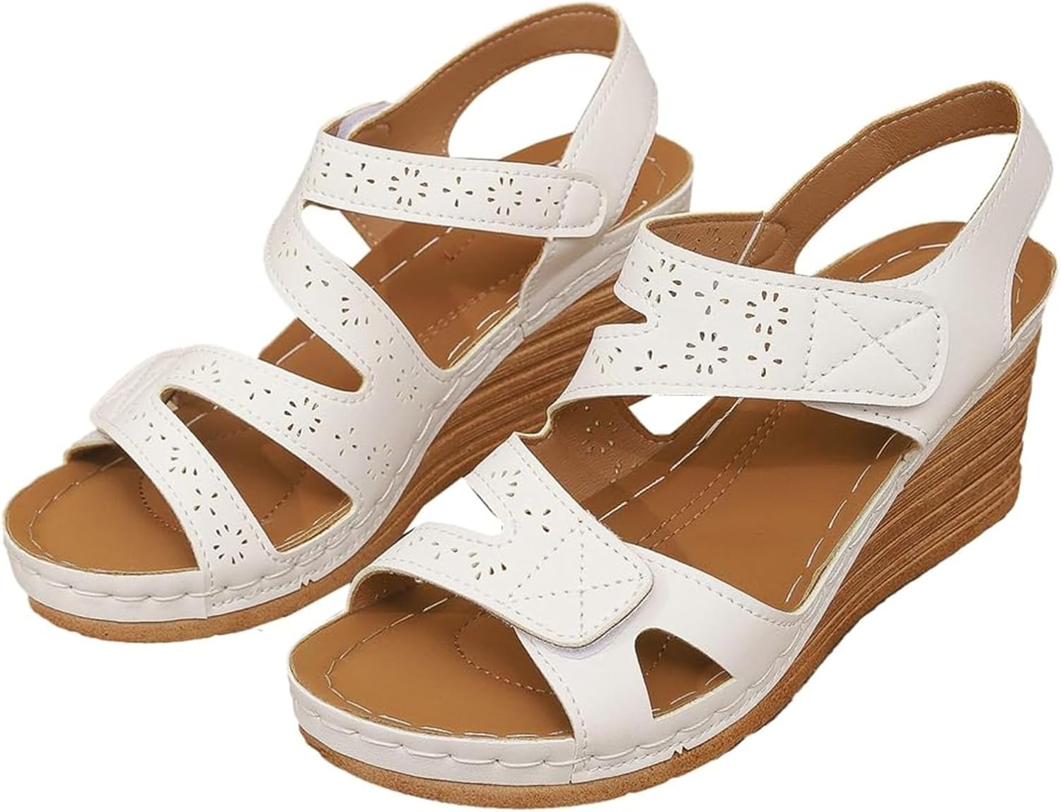 

Женские сандалии на танкетке с открытым носком и ремешком на щиколотку, ортопедические, на низком каблуке, без застежки, повседневные и нарядные, удобные для ходьбы на улице с поддержкой свода стопы Movnebyro, белый